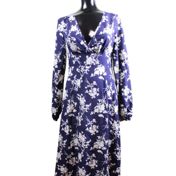 Shein Blue Cream V-Neck Lightweight Floral Print Midi Dress, size 4 ~ Pre-Loved - Picture 1 of 7
